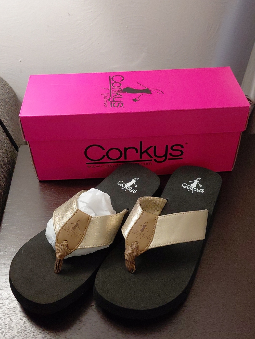 Corkys Metallic Gold and Cream Wedge Flip Flop Sandals. NWT